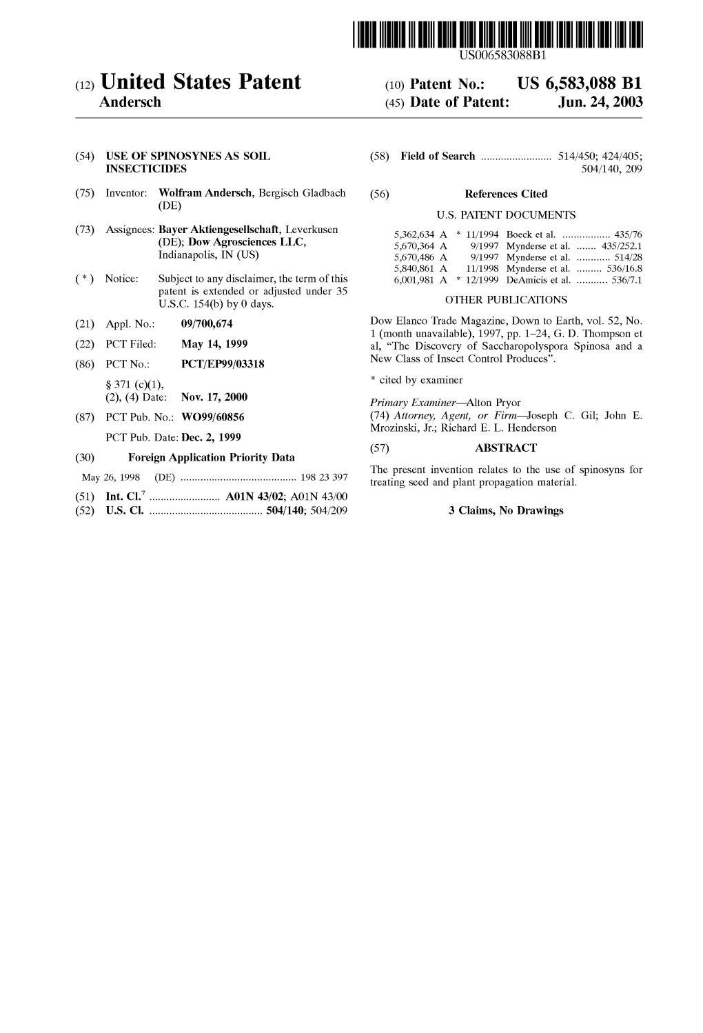 (12) United States Patent (10) Patent No.: US 6,583,088 B1 Andersch (45) Date of Patent: Jun