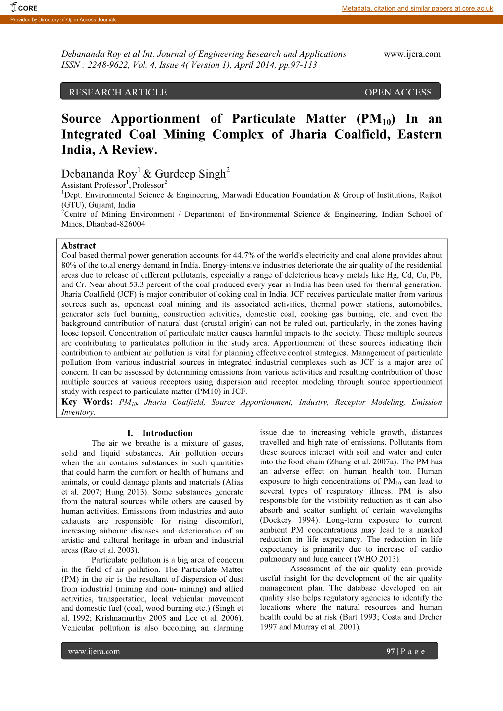 Source Apportionment of Particulate Matter (PM10) in an Integrated Coal Mining Complex of Jharia Coalfield, Eastern India, a Review