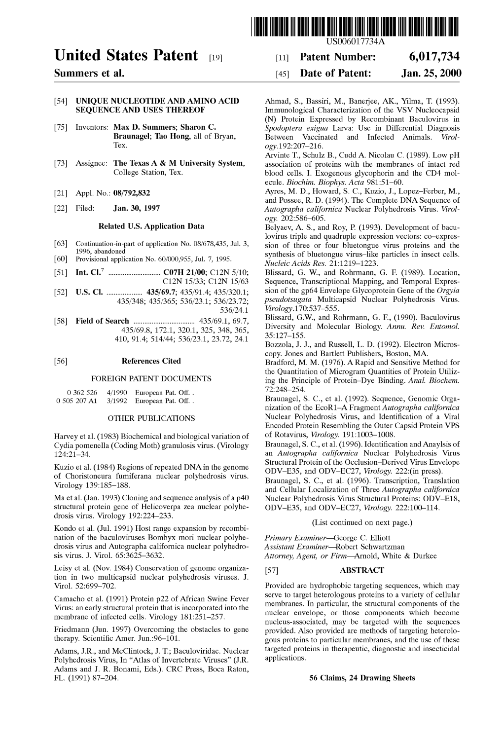 United States Patent (19) 11 Patent Number: 6,017,734 Summers Et Al