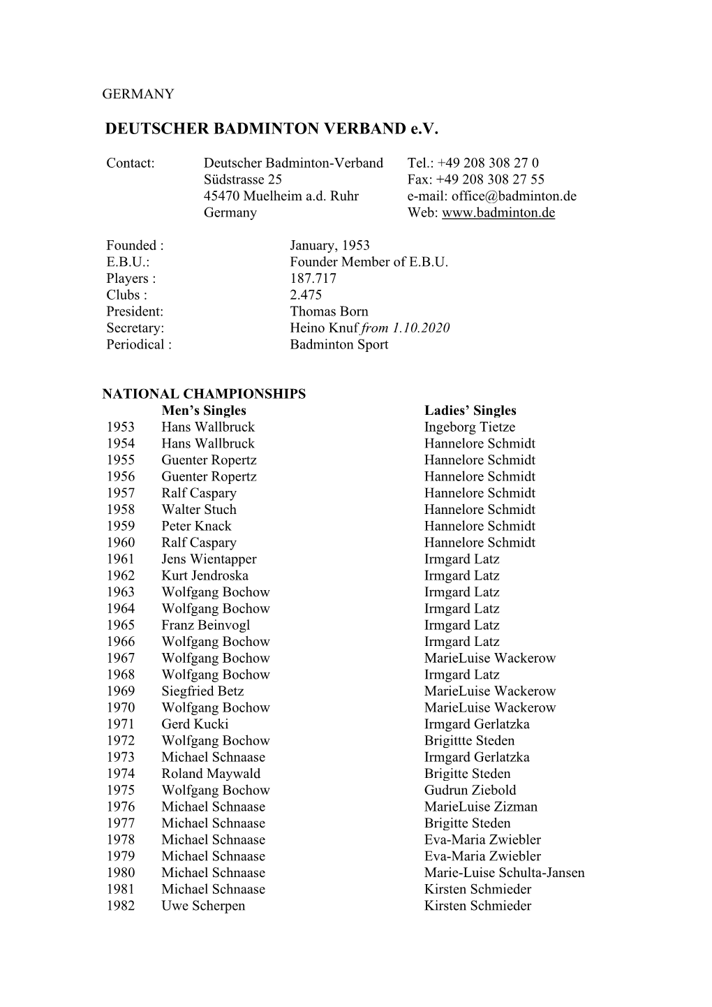 DEUTSCHER BADMINTON VERBAND E.V