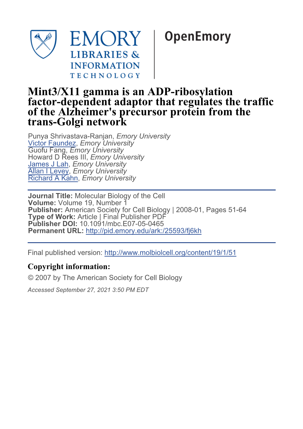 Mint3/X11 Gamma Is an ADP-Ribosylation Factor-Dependent