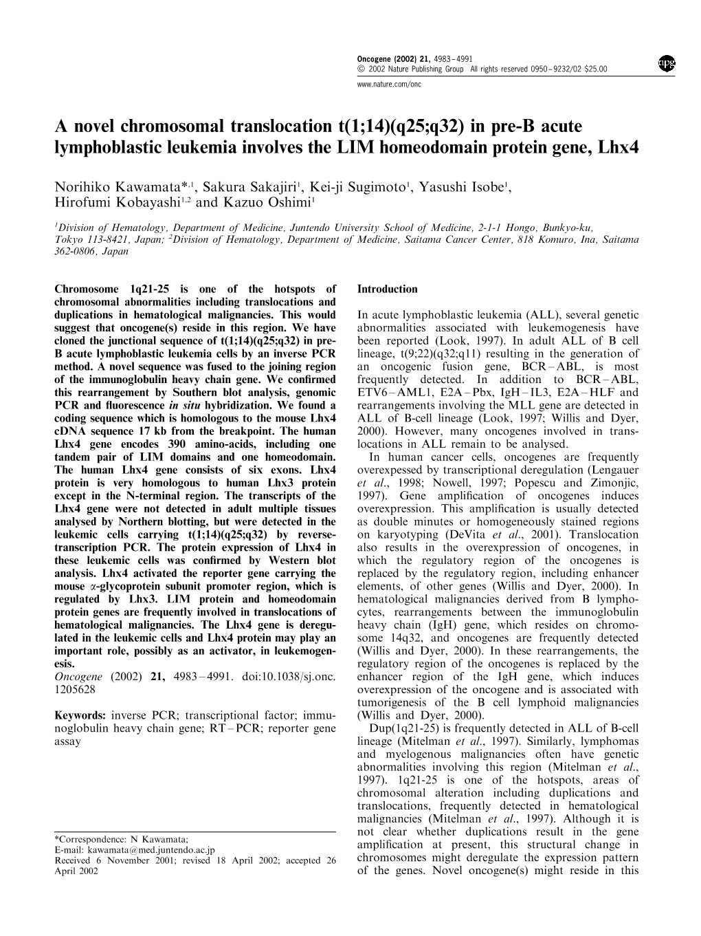 A Novel Chromosomal Translocation T(1;14)(Q25;Q32) in Pre-B Acute Lymphoblastic Leukemia Involves the LIM Homeodomain Protein Gene, Lhx4