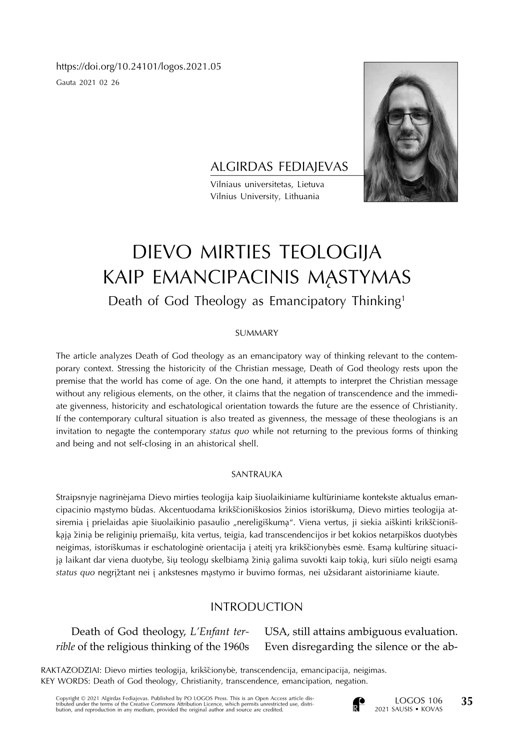 Dievo Mirties Teologija Kaip Emancipacinis Mąstymas Death of God Theology As Emancipatory Thinking1