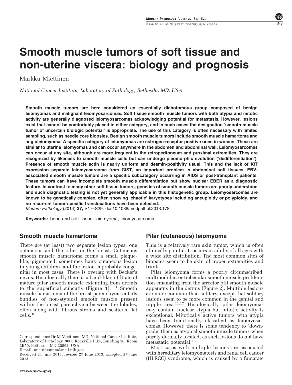 Smooth Muscle Tumors of Soft Tissue and Non-Uterine Viscera: Biology and Prognosis Markku Miettinen