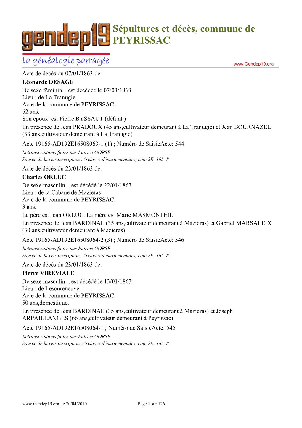 Sépultures Et Décès, Commune De PEYRISSAC