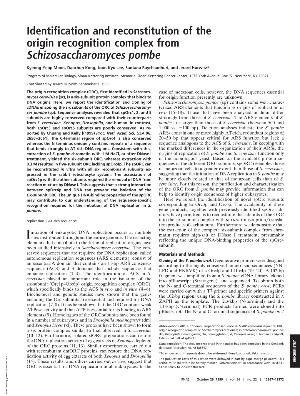 Identification and Reconstitution of the Origin Recognition Complex from Schizosaccharomyces Pombe