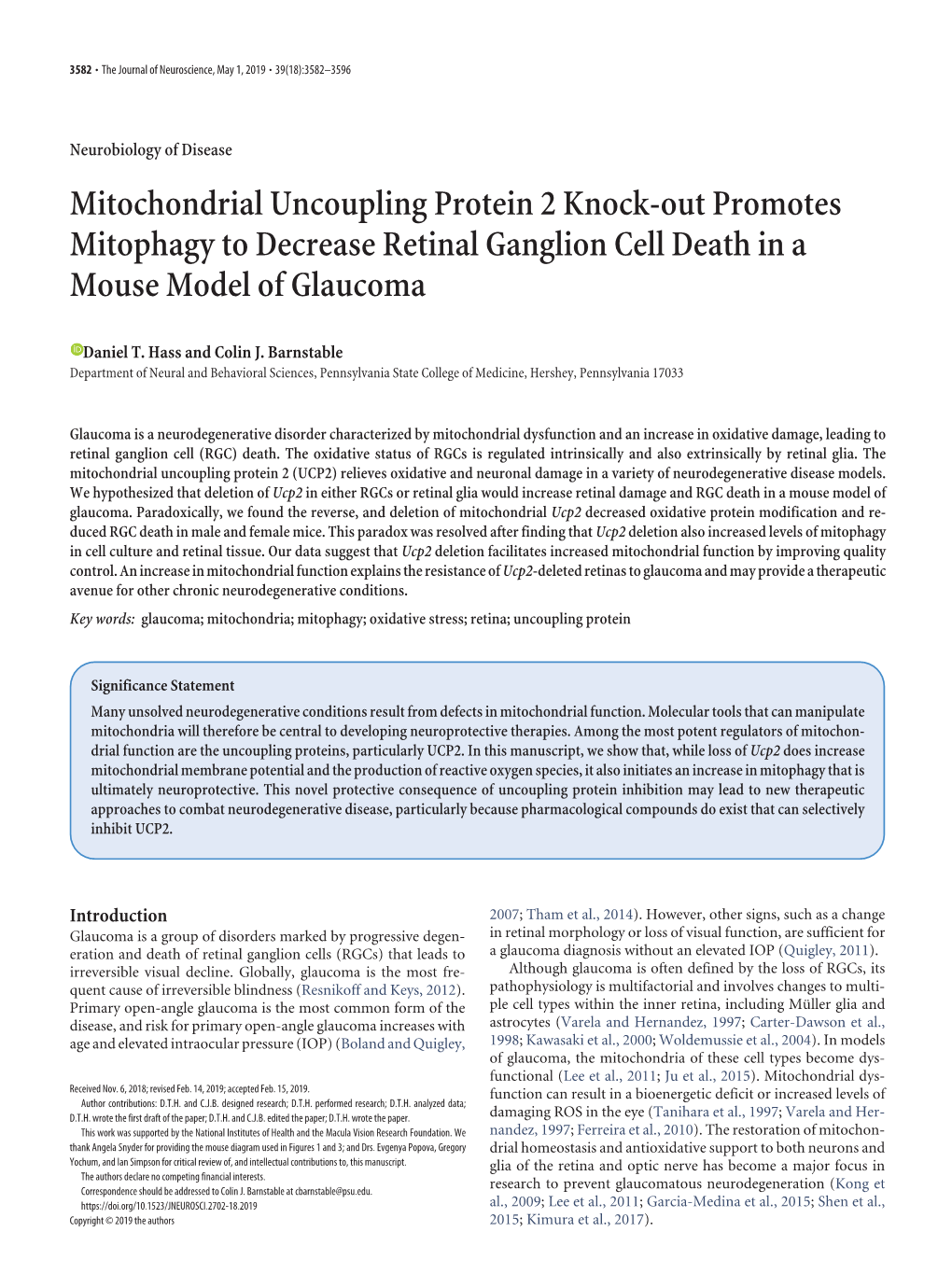 Mitochondrial Uncoupling Protein 2 Knock-Out Promotes Mitophagy to Decrease Retinal Ganglion Cell Death in a Mouse Model of Glaucoma