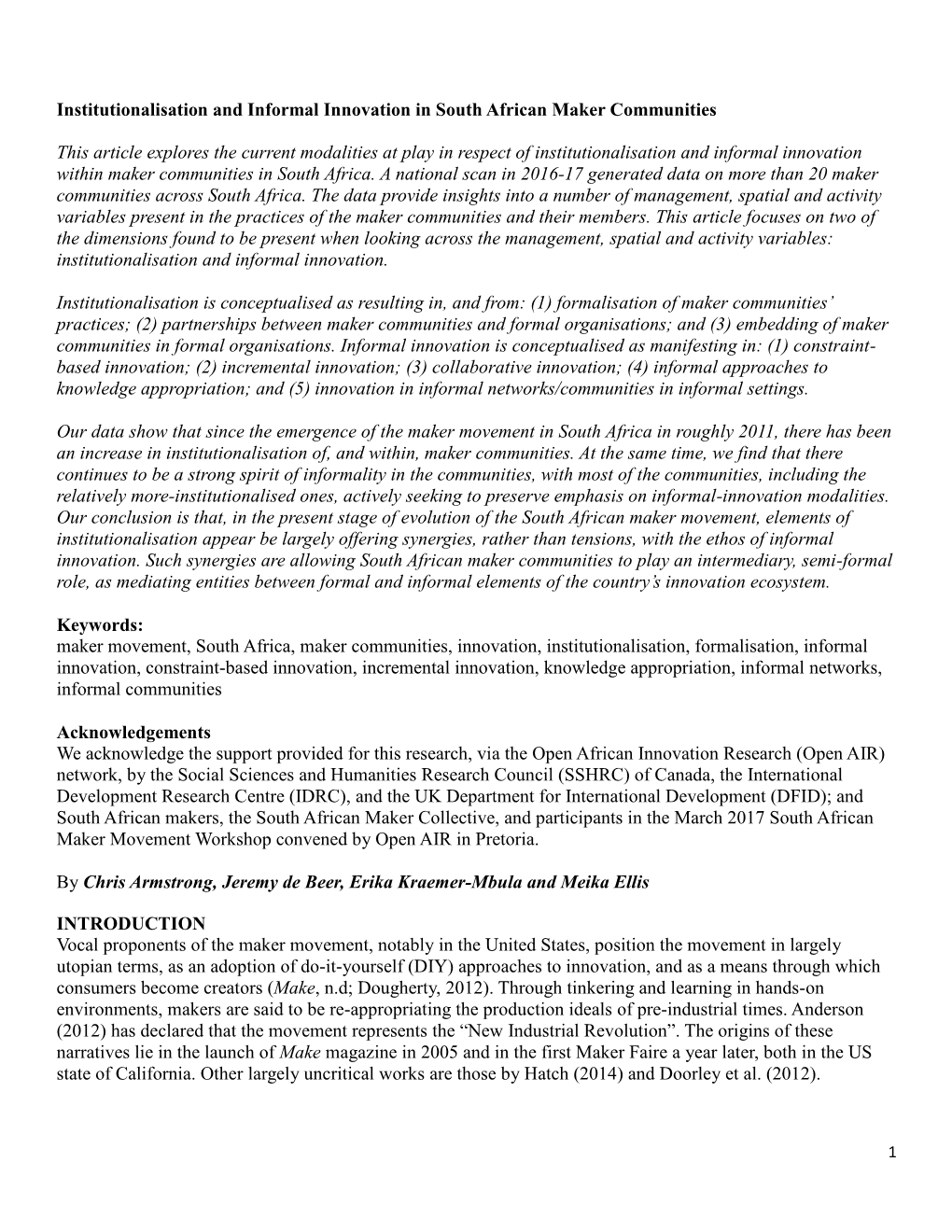 Institutionalisation and Informal Innovation in South African Maker Communities This Article Explores the Current Modalities At