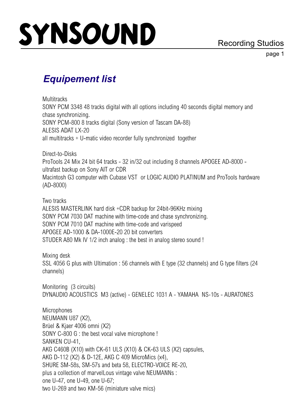 Equipement List