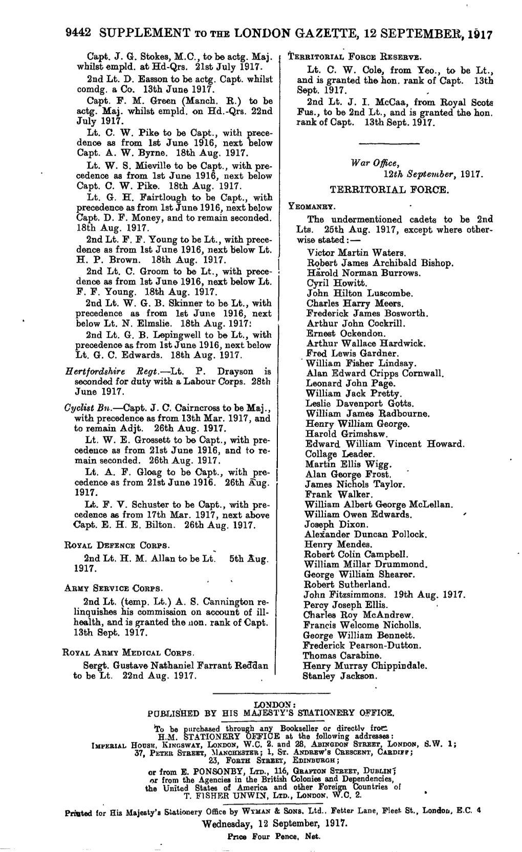 9442 Supplement to the London Gazette, 12 September, 1917