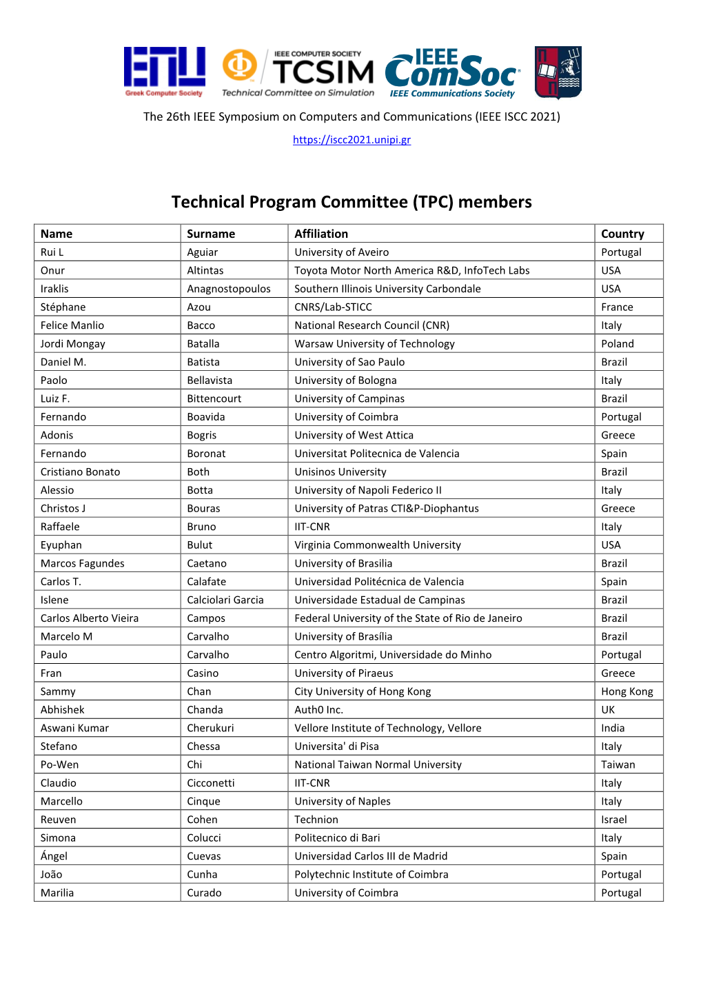 IEEE Iscc2021 Technical Program Committee Members