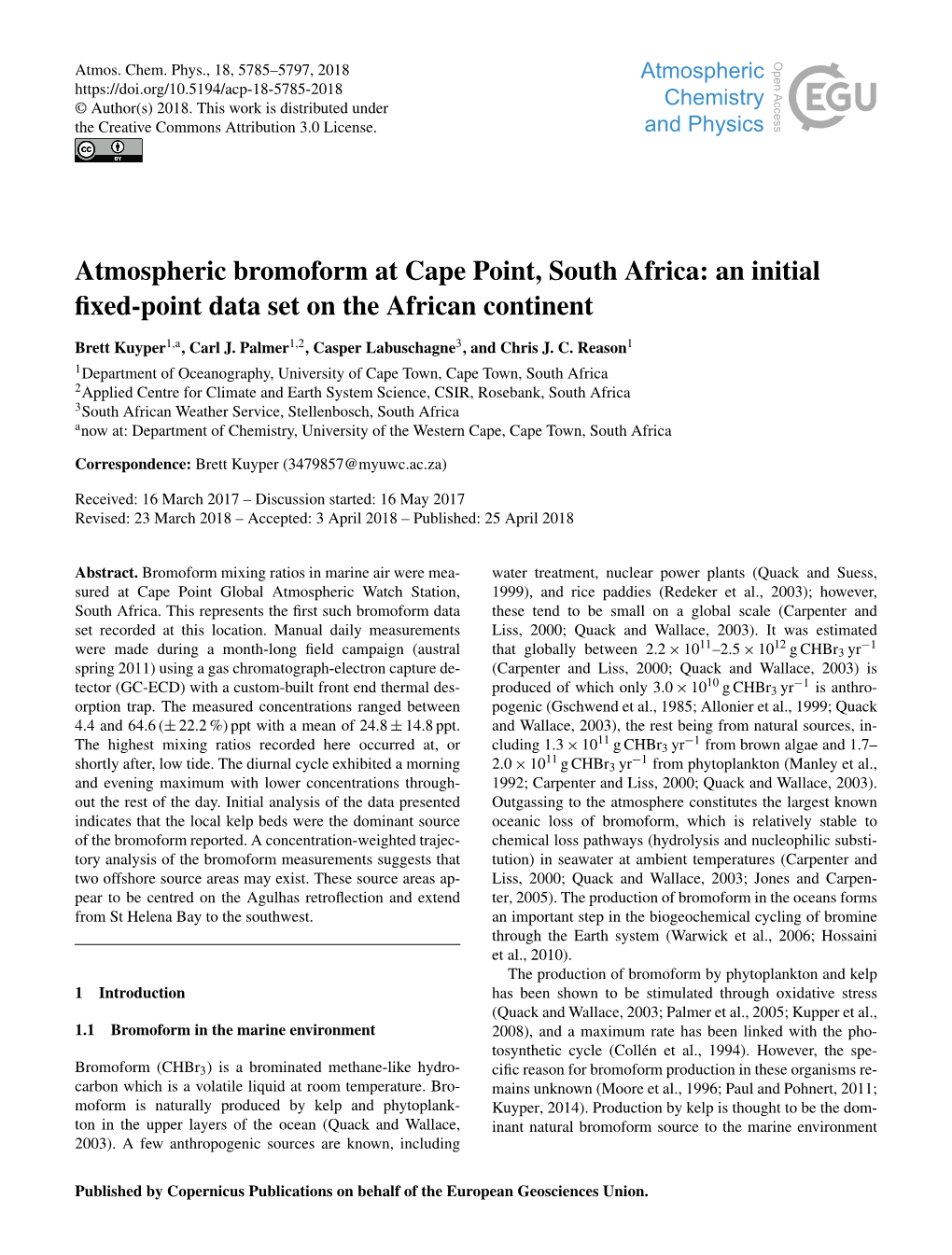 Atmospheric Bromoform at Cape Point, South Africa: an Initial ﬁxed-Point Data Set on the African Continent
