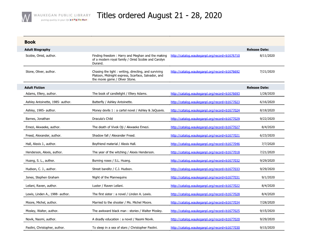 Titles Ordered August 21 - 28, 2020