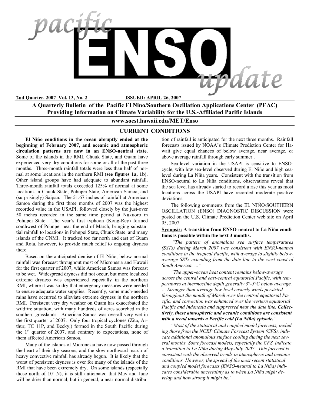 A Quarterly Bulletin of the Pacific El Nino/Southern Oscillation Applications Center (PEAC) Providing Information on Climate