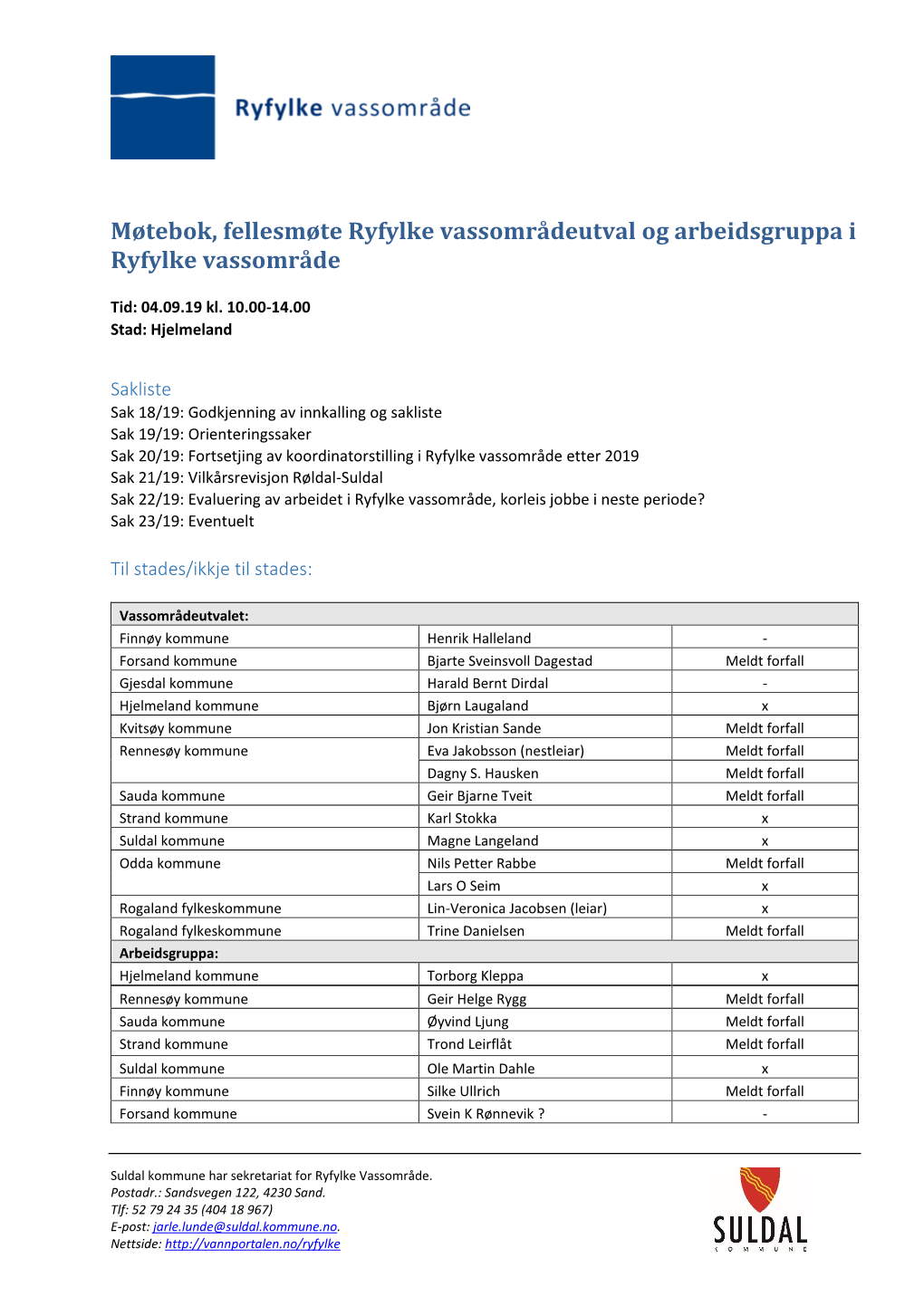 Møtebok, Fellesmøte Ryfylke Vassområdeutval Og Arbeidsgruppa I Ryfylke Vassområde