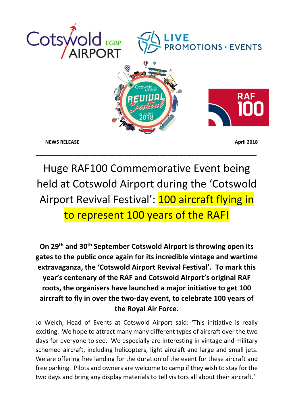 Huge RAF100 Commemorative Event Being Held at Cotswold Airport During the 'Cotswold Airport Revival Festival': 100 Aircraft