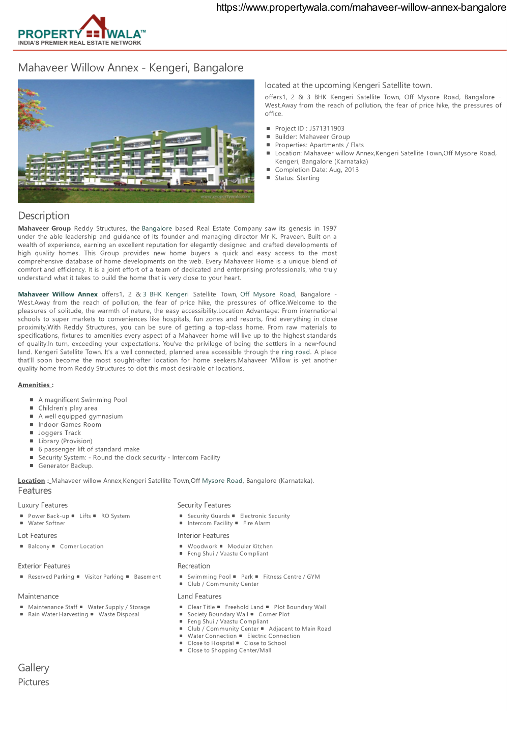 Mahaveer Willow Annex - Kengeri, Bangalore Located at the Upcoming Kengeri Satellite Town