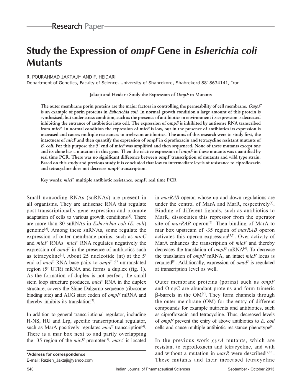 Study the Expression of Ompf Gene in Esherichia Coli Mutants
