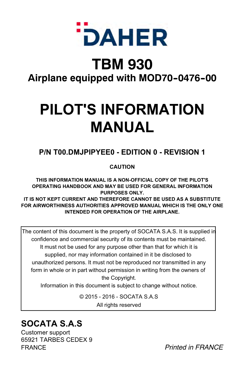 Tbm 930 Pilot's Information Manual