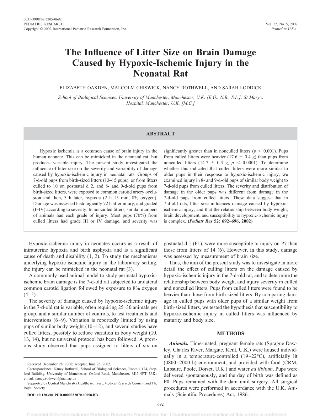 The Influence of Litter Size on Brain Damage Caused by Hypoxic