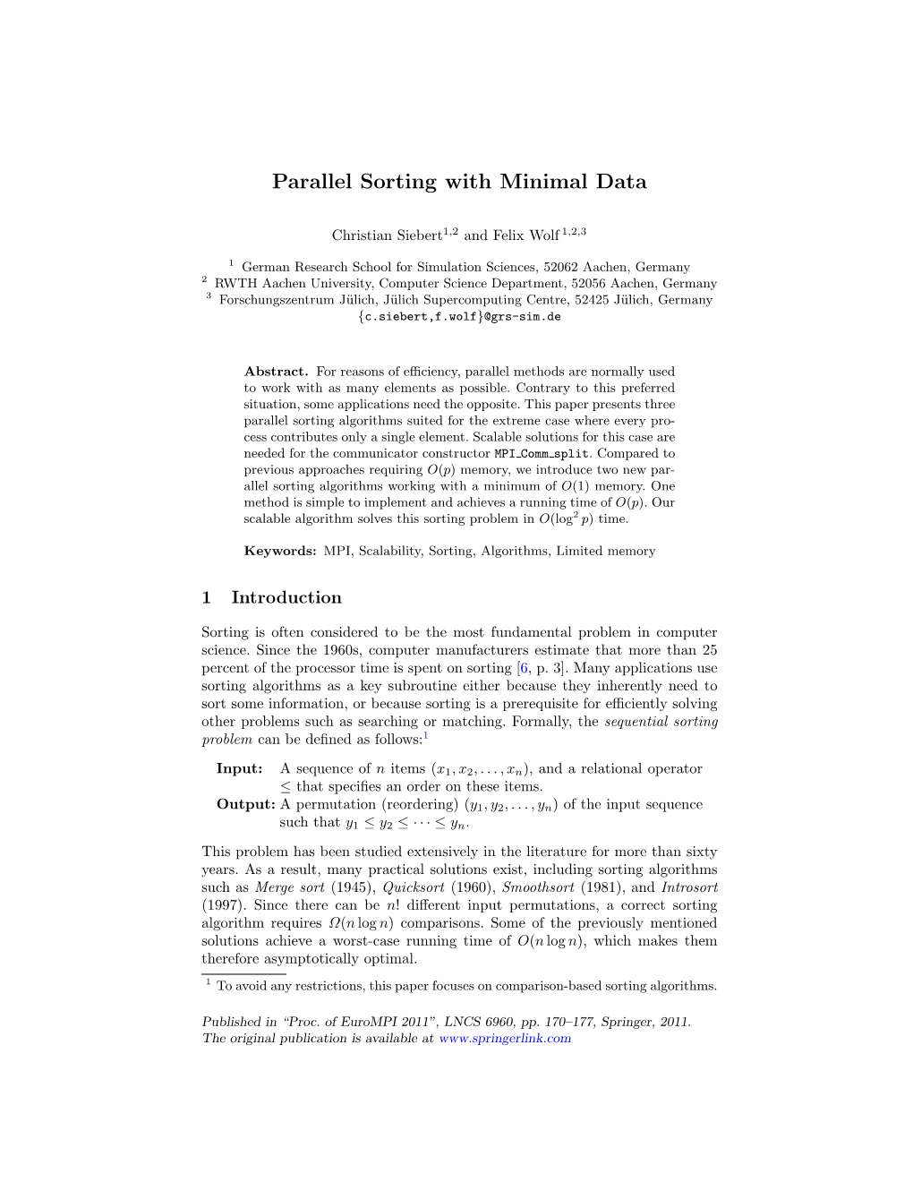 Parallel Sorting with Minimal Data