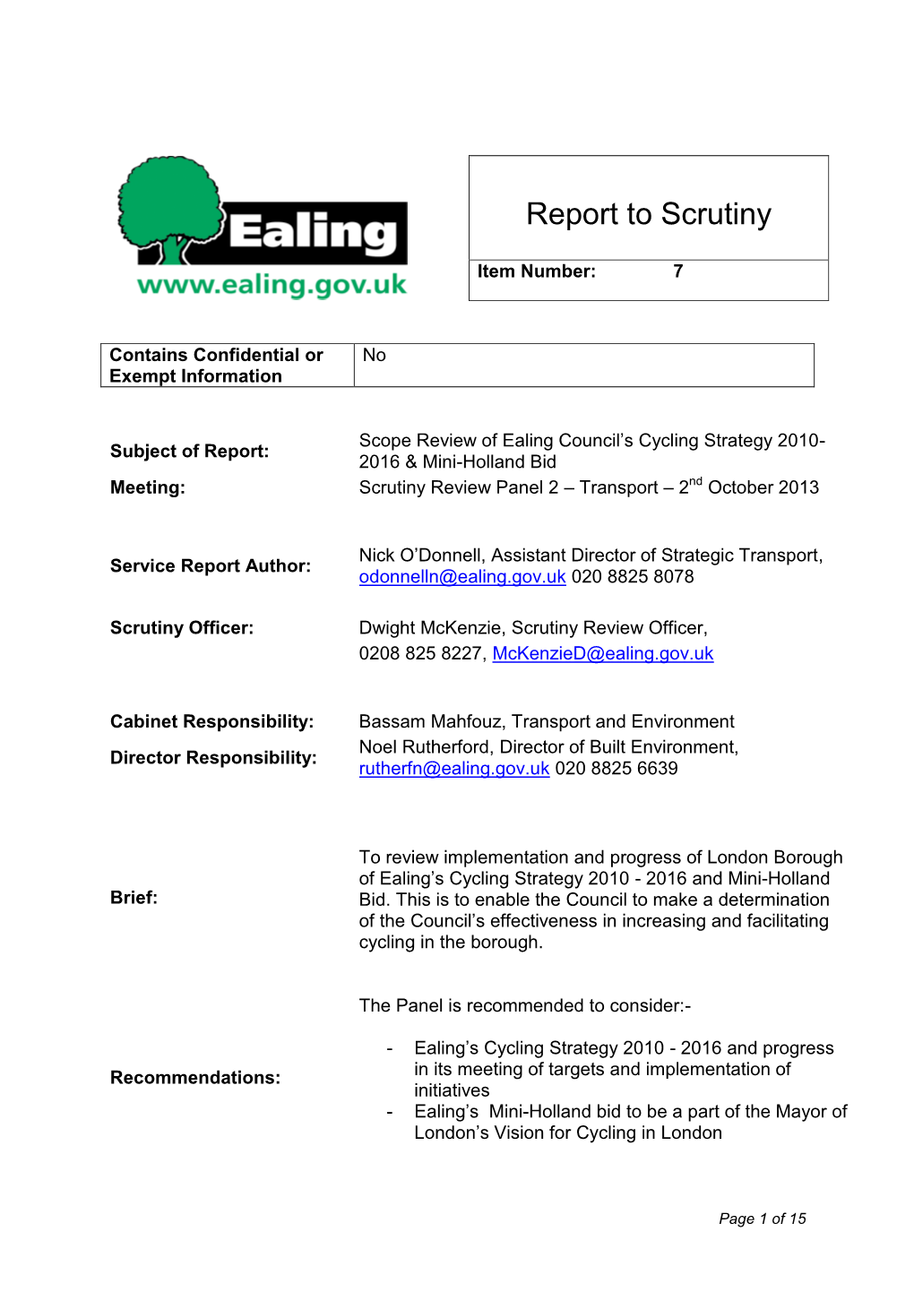 Report to Scrutiny