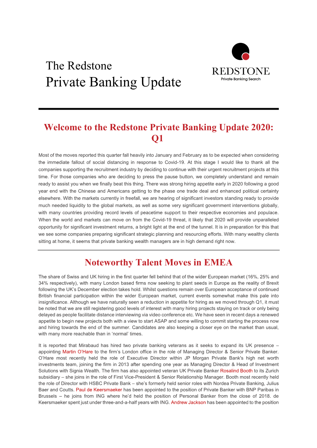 Redstone Private Banking Update Q1 2020