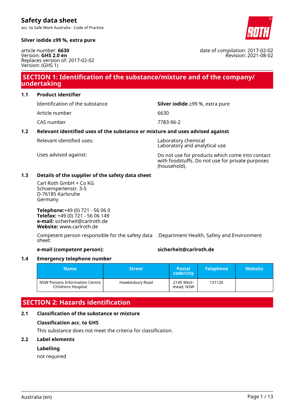 Safety Data Sheet: Silver Iodide