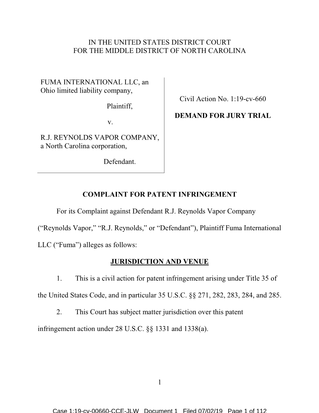 1 in the UNITED STATES DISTRICT COURT for the MIDDLE DISTRICT of NORTH CAROLINA FUMA INTERNATIONAL LLC, an Ohio Limited Liabilit