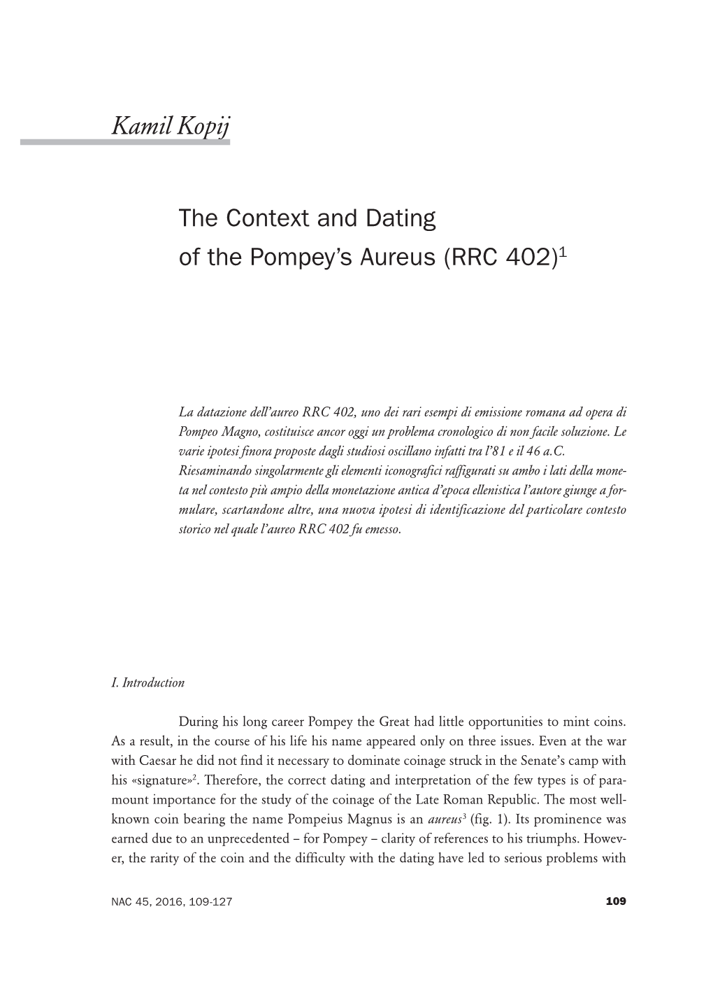 The Context and Dating of the Pompey's Aureus (RRC 402)