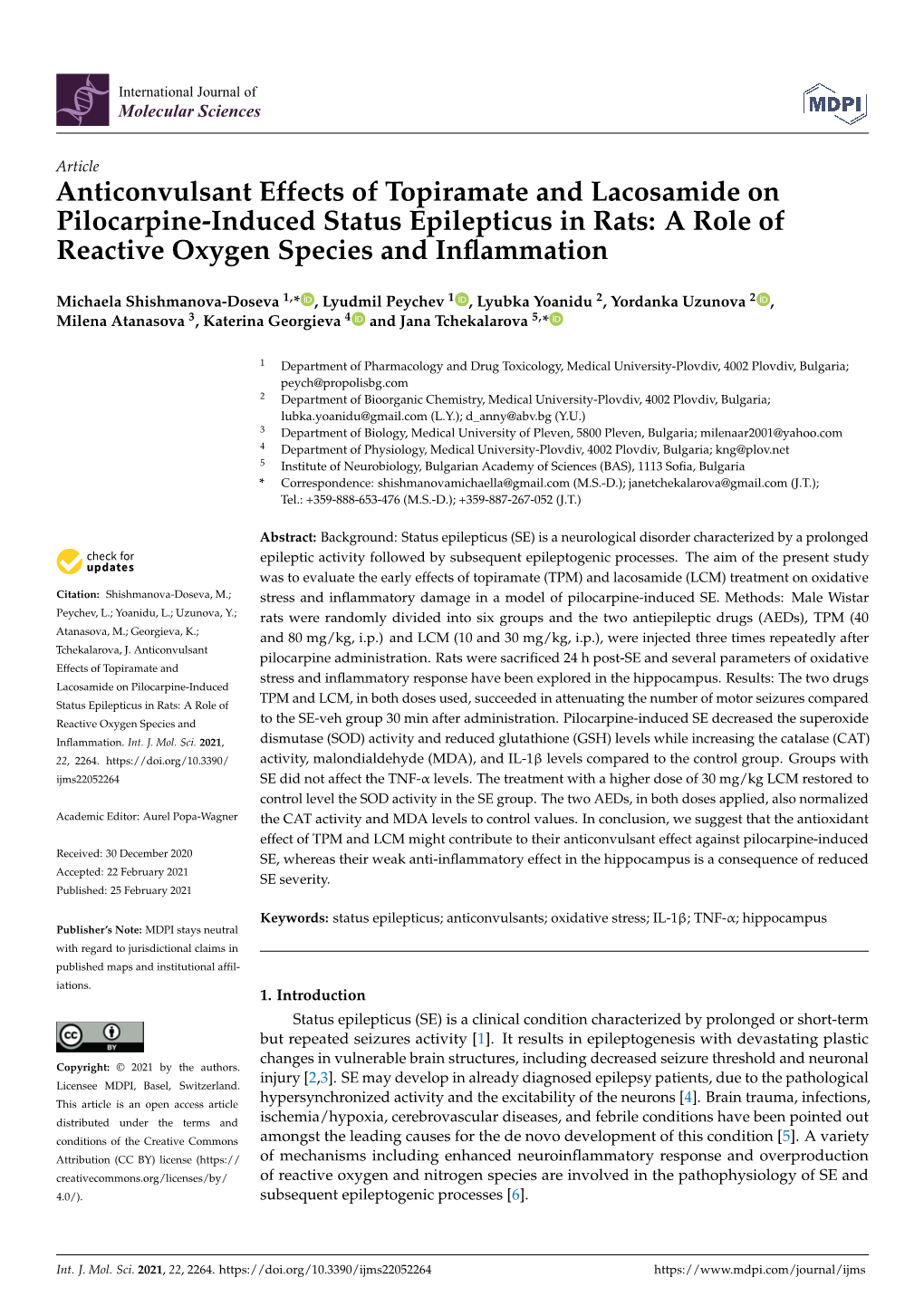 Anticonvulsant Effects of Topiramate and Lacosamide on Pilocarpine-Induced Status Epilepticus in Rats: a Role of Reactive Oxygen Species and Inﬂammation