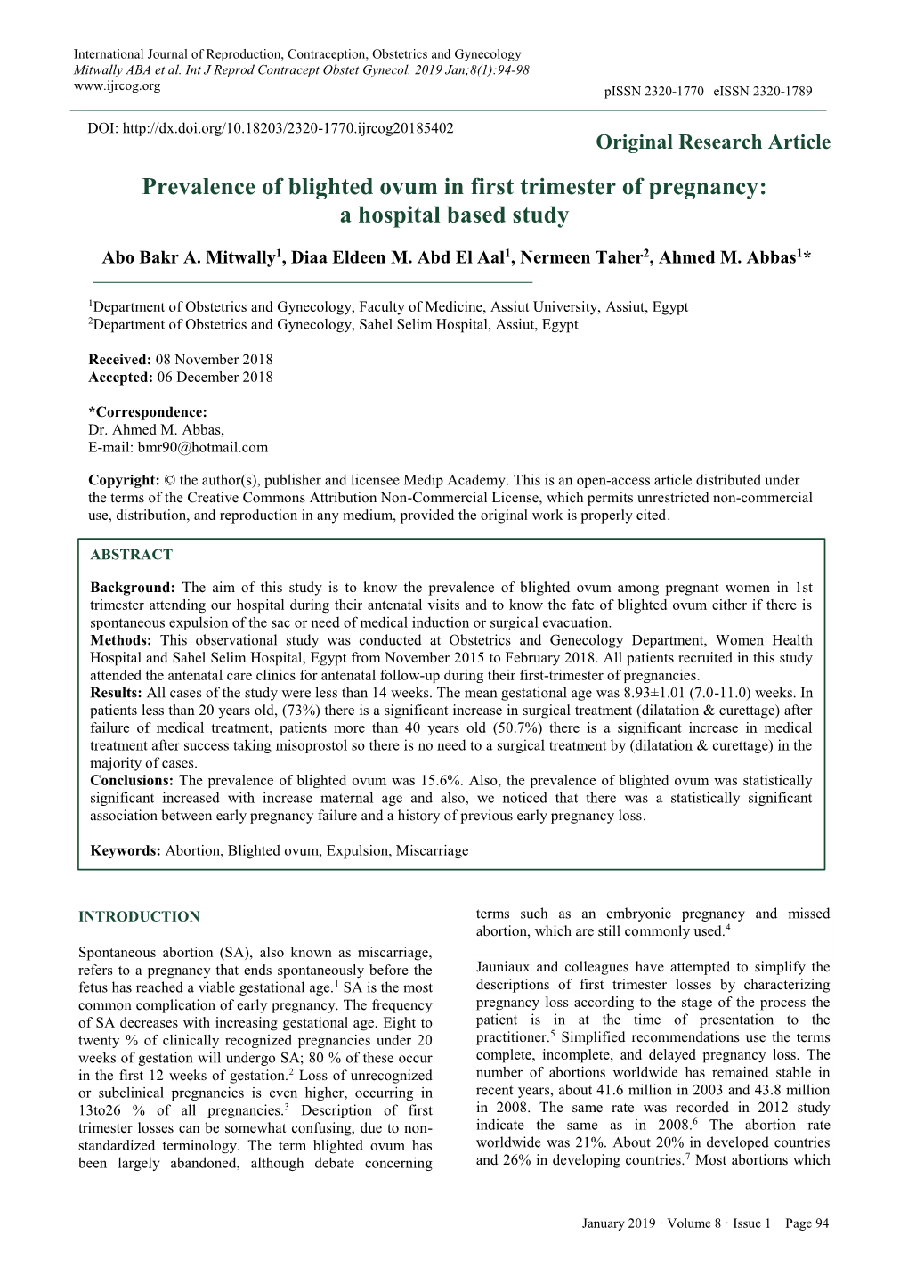 Prevalence of Blighted Ovum in First Trimester of Pregnancy: a Hospital Based Study