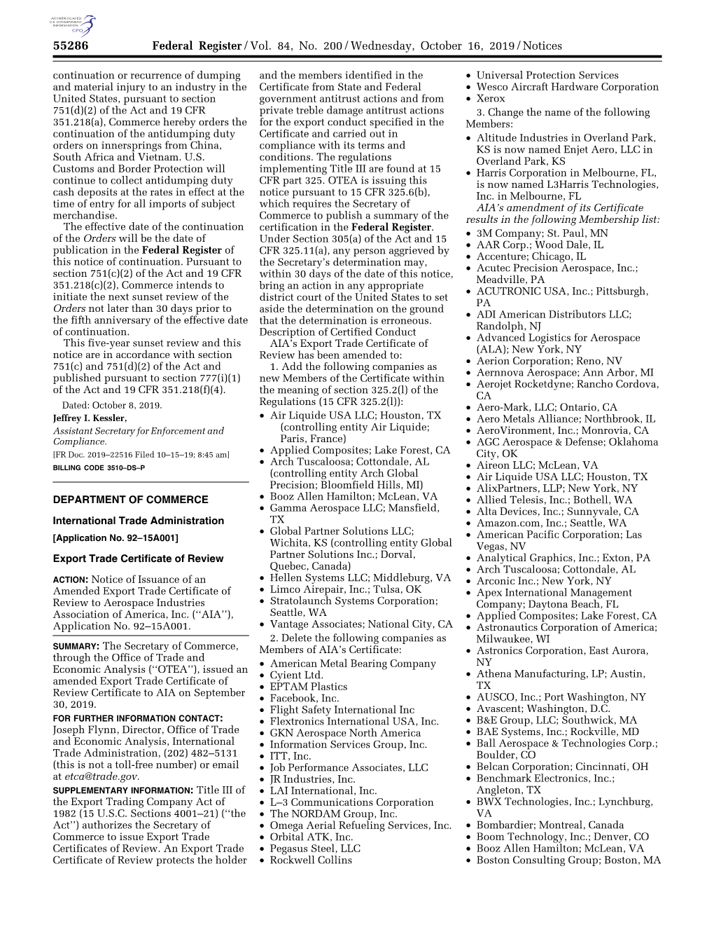 Federal Register/Vol. 84, No. 200/Wednesday, October 16, 2019/Notices