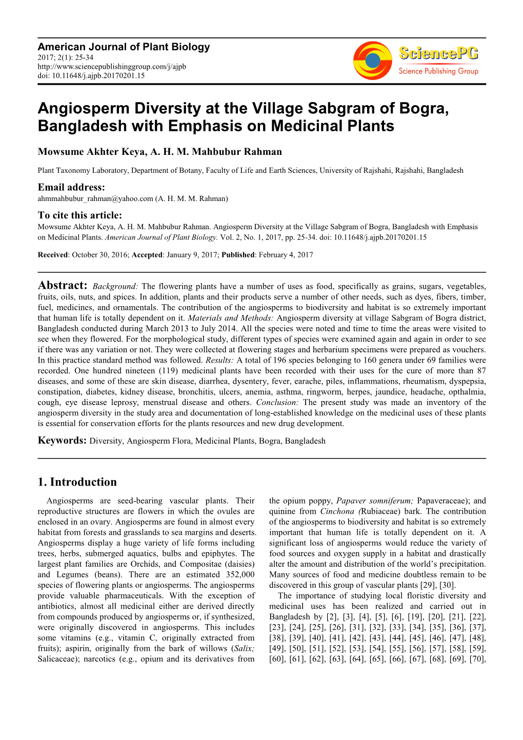 Angiosperm Diversity at the Village Sabgram of Bogra, Bangladesh with Emphasis on Medicinal Plants