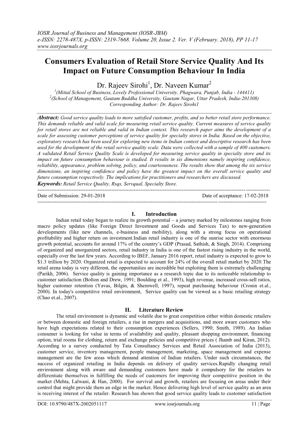 Consumers Evaluation of Retail Store Service Quality and Its Impact on Future Consumption Behaviour in India