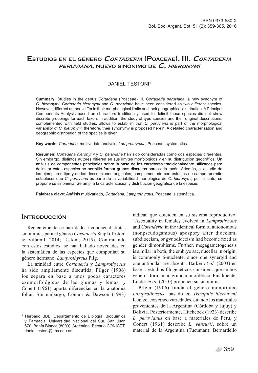 D. Testoni - Cortaderia Peruviana, Nuevo Sinónimo Deissn C