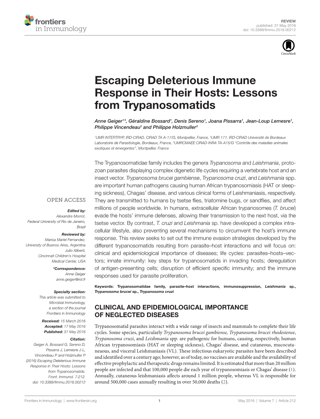 Escaping Deleterious Immune Response in Their Hosts: Lessons from Trypanosomatids