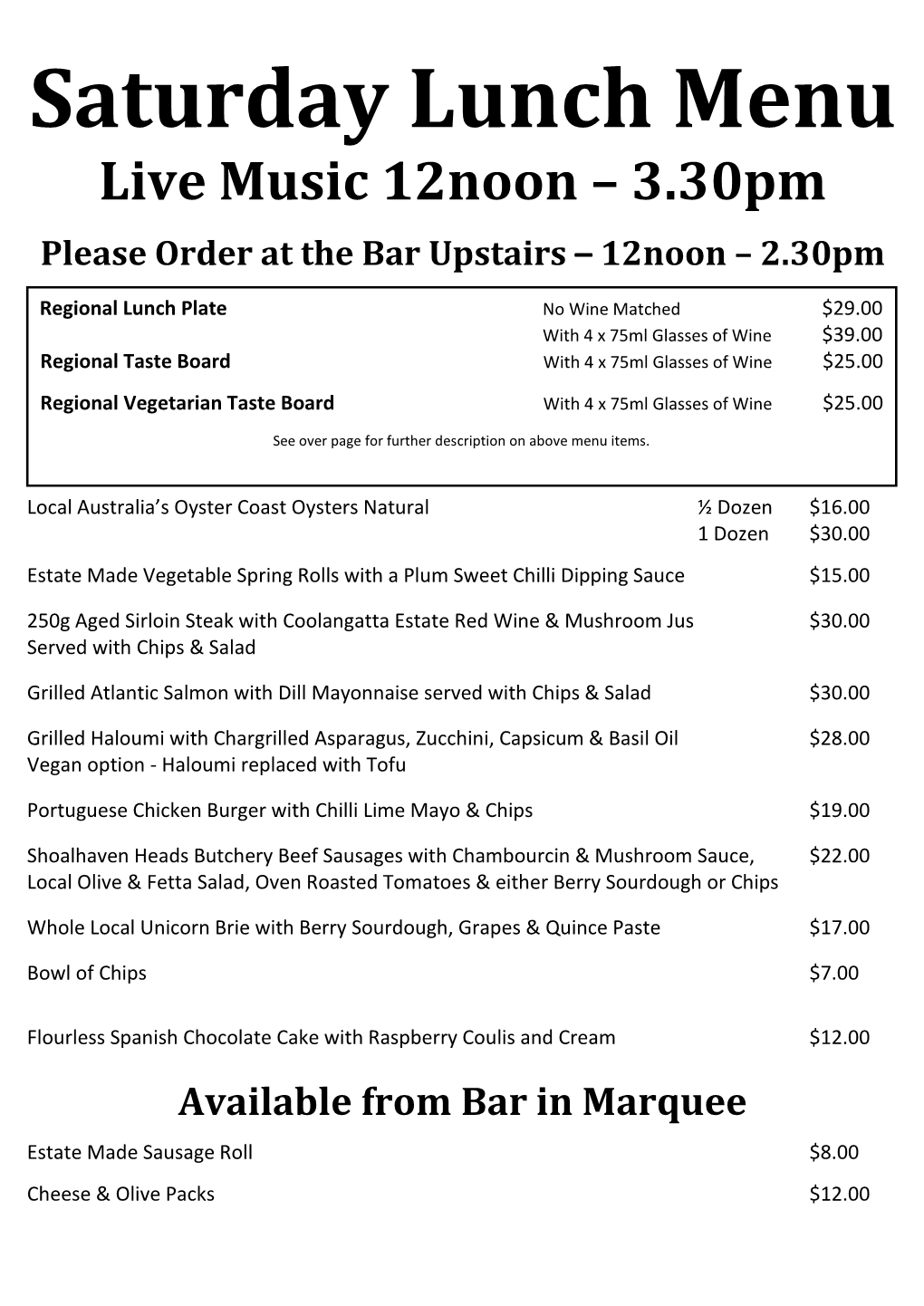 Saturday Lunch Menu Live Music 12Noon – 3.30Pm