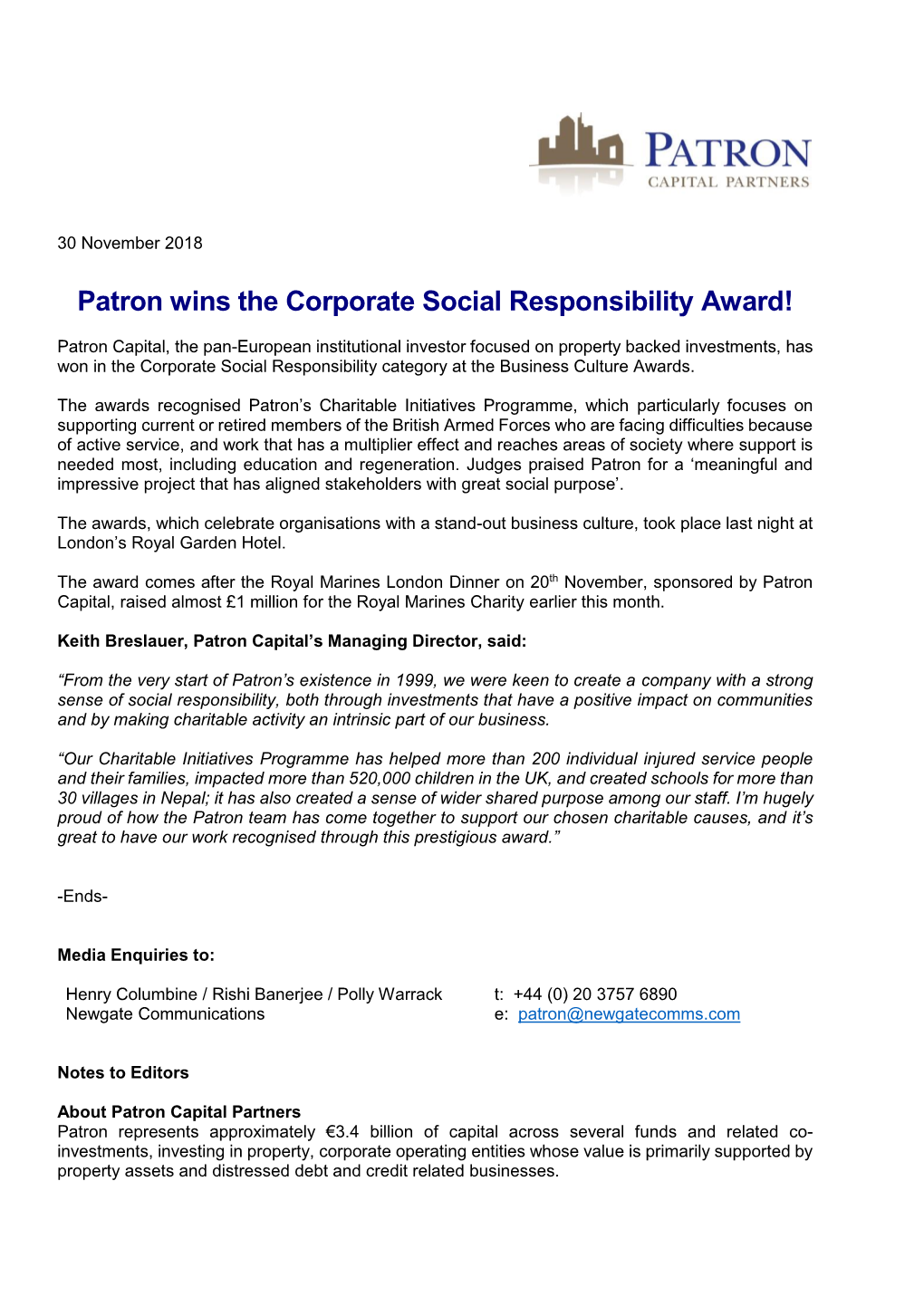Patron Wins the Corporate Social Responsibility Award!