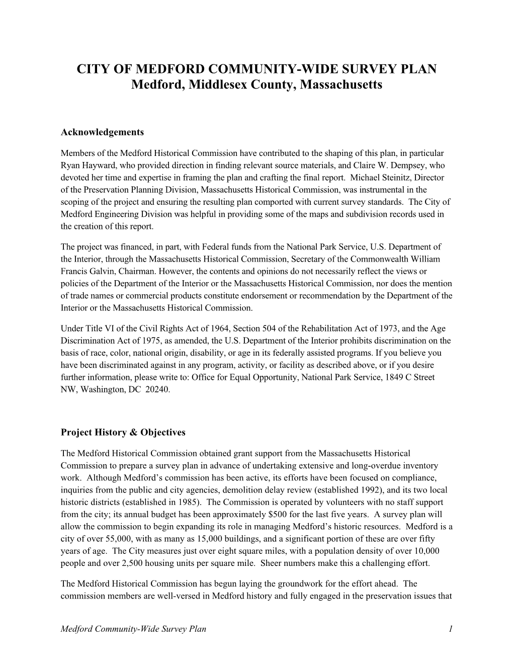 CITY of MEDFORD COMMUNITY-WIDE SURVEY PLAN Medford, Middlesex County, Massachusetts