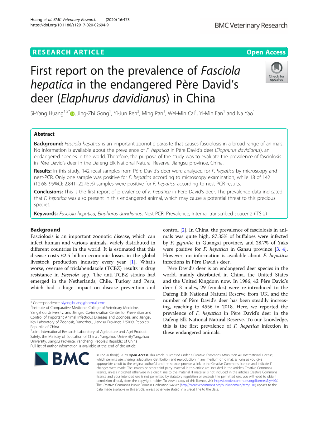 Elaphurus Davidianus) in China Si-Yang Huang1,2* , Jing-Zhi Gong1, Yi-Jun Ren3, Ming Pan1, Wei-Min Cai1, Yi-Min Fan1 and Na Yao1