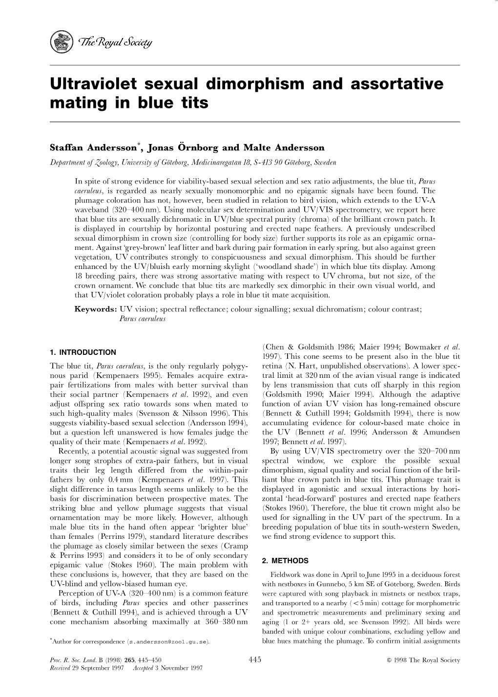 Ultraviolet Sexual Dimorphism and Assortative Mating in Blue Tits