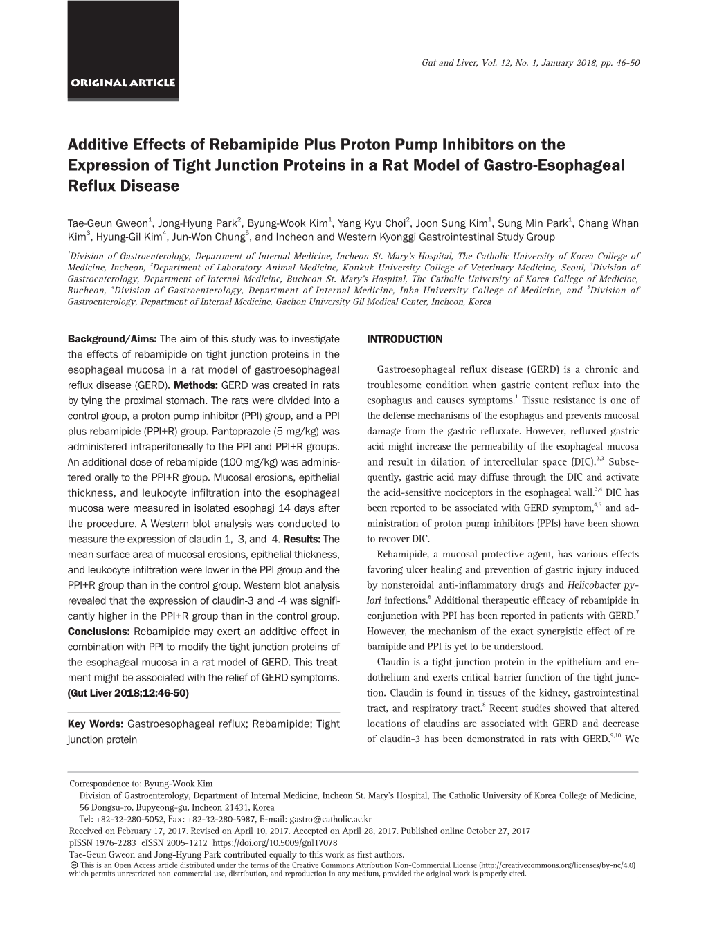 Additive Effects of Rebamipide Plus Proton Pump Inhibitors on the Expression of Tight Junction Proteins in a Rat Model of Gastro-Esophageal Reflux Disease