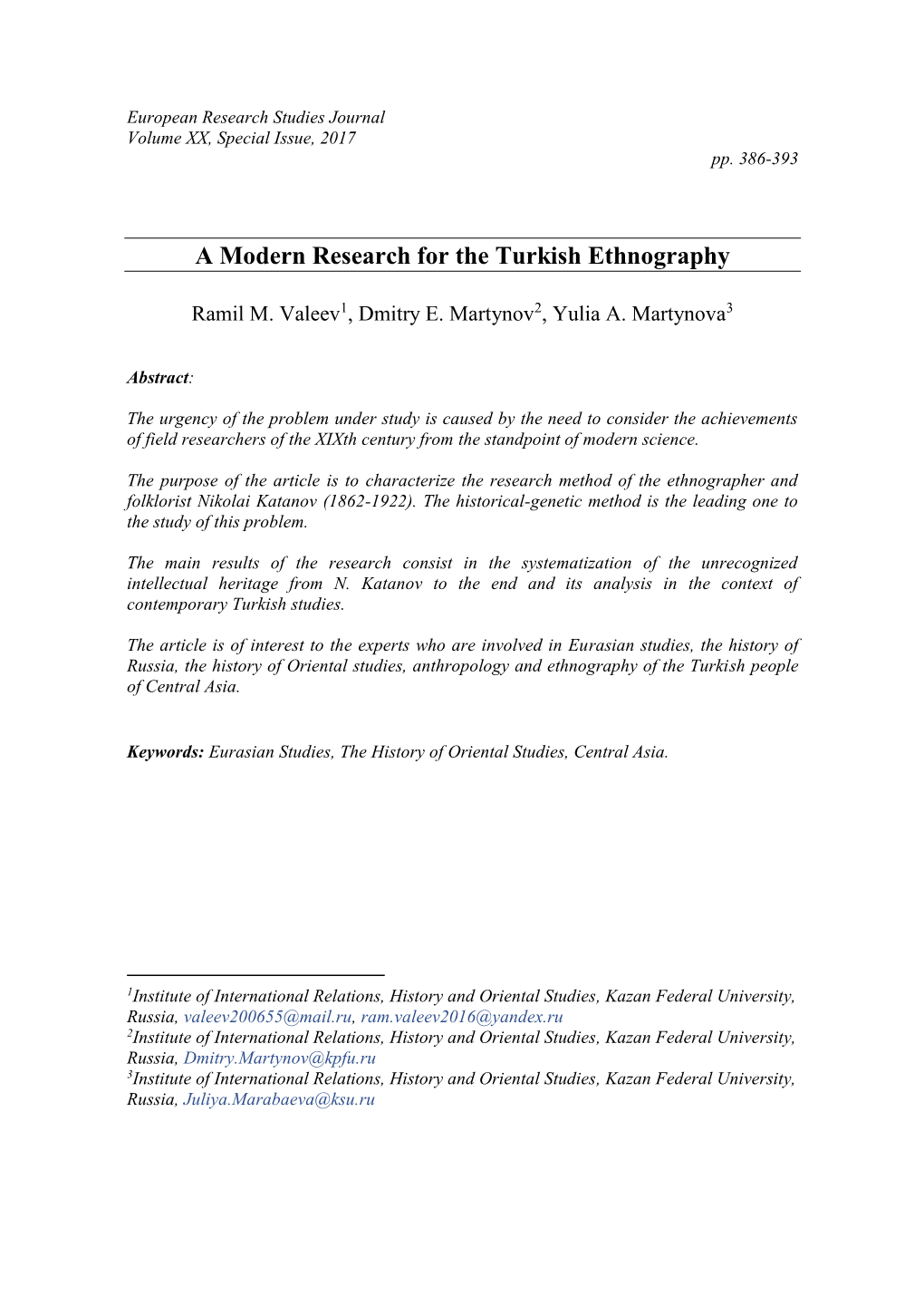 A Modern Research for the Turkish Ethnography