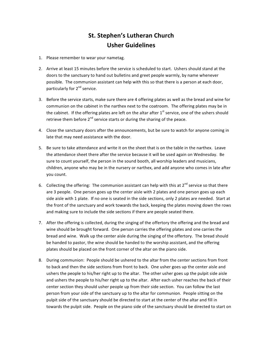 St. Stephen's Lutheran Church Usher Guidelines