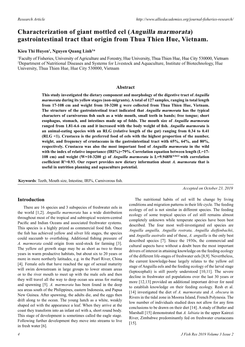 Characterization of Giant Mottled Eel (Anguilla Marmorata) Gastrointestinal Tract That Origin from Thua Thien Hue, Vietnam