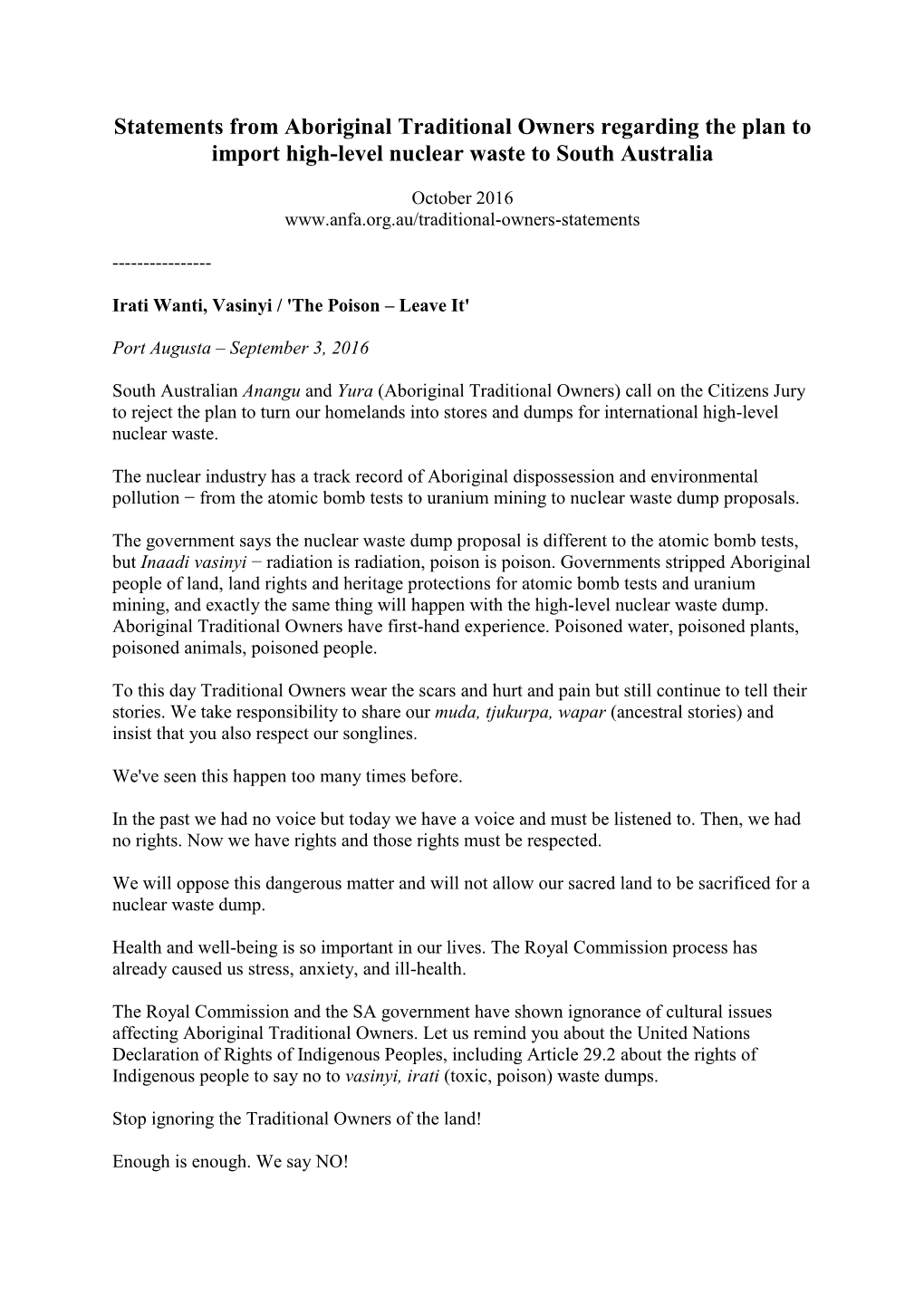 Statements from Aboriginal Traditional Owners Regarding the Plan to Import High-Level Nuclear Waste to South Australia