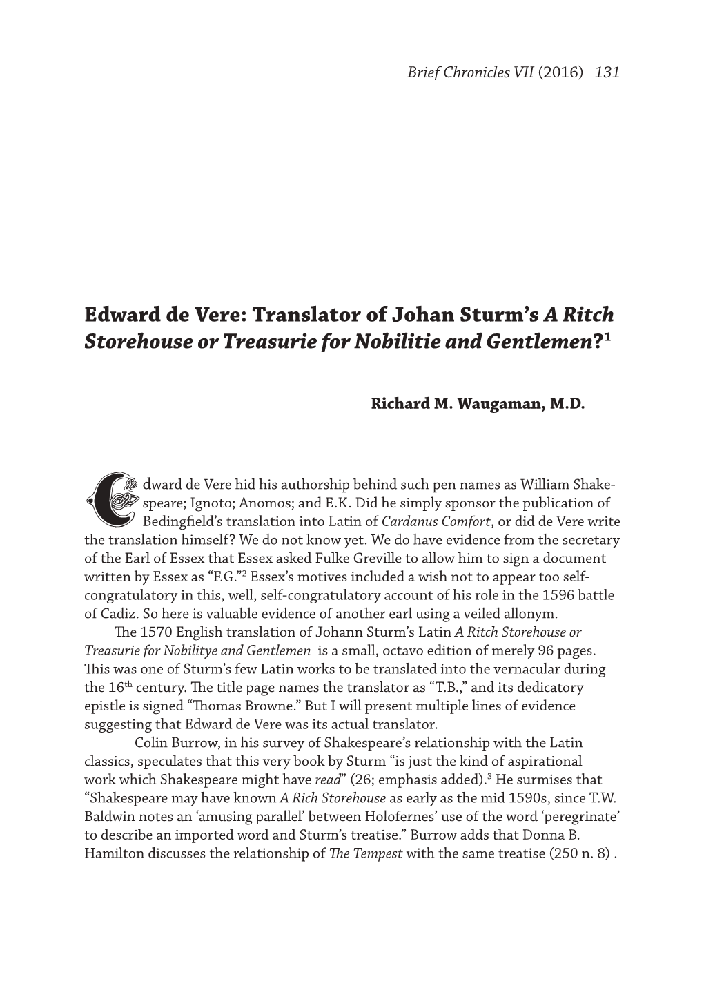 Edward De Vere: Translator of Johan Sturm's a Ritch Storehouse Or