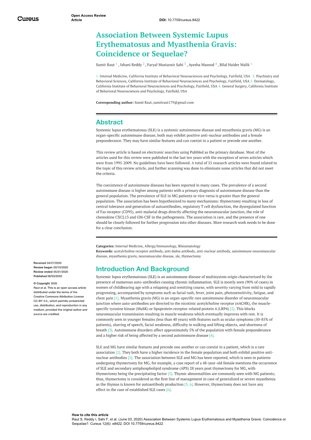 Association Between Systemic Lupus Erythematosus and Myasthenia Gravis: Coincidence Or Sequelae?