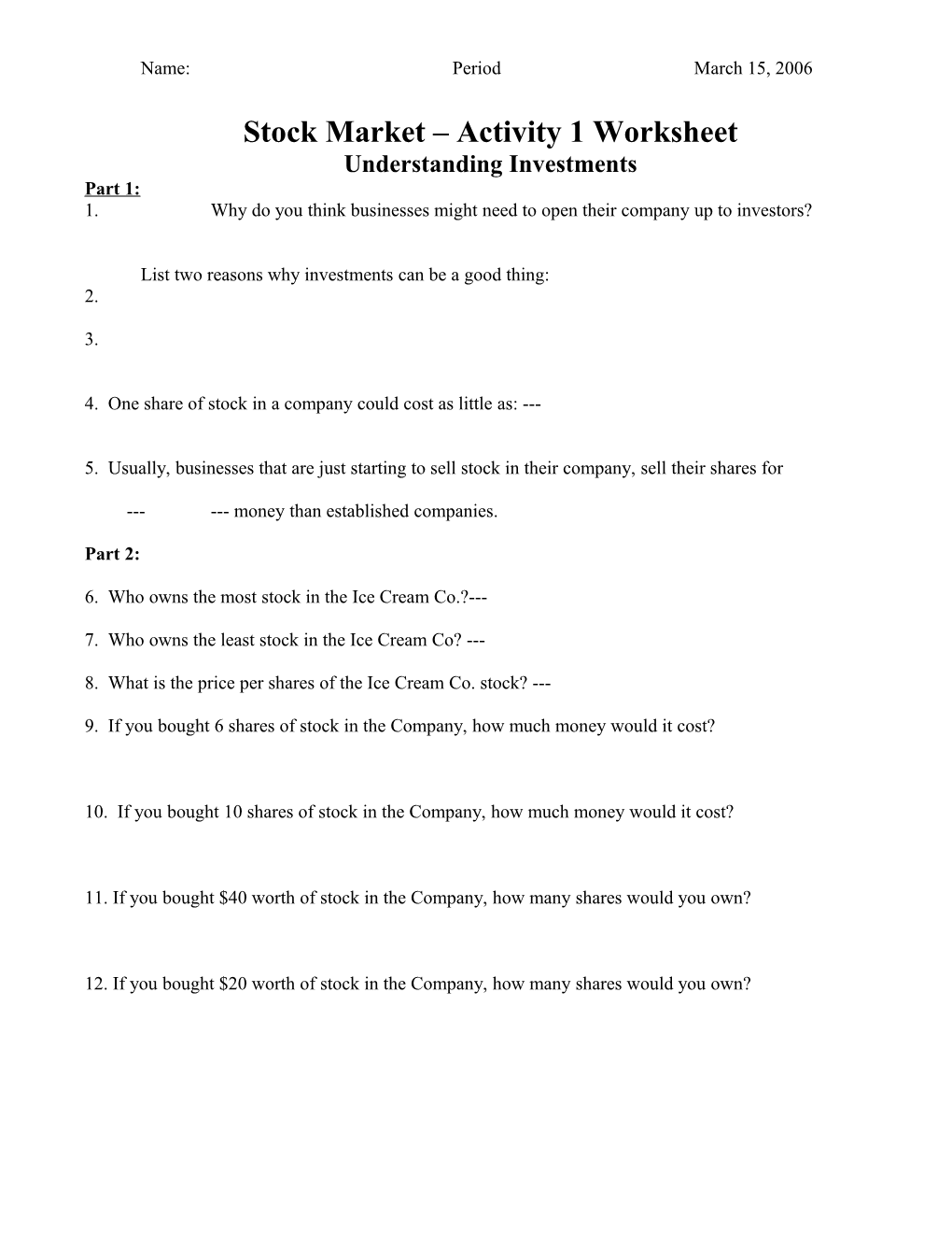 Stock Market – Activity 1 Worksheet